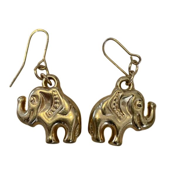 New Yellow Gold Tone Drop/Dangle ELEPHANT EARRINGS 1.5 Inch for Pierced Ears - Picture 2 of 5
